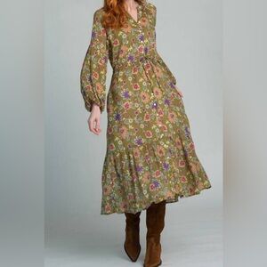 OLIVIA JAMES THE LABEL Lydia Emory Floral Midi Dress in vintage moss